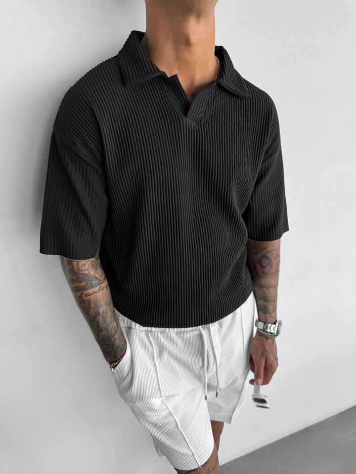 Oversize Ribbed Polo T-Shirt - Black