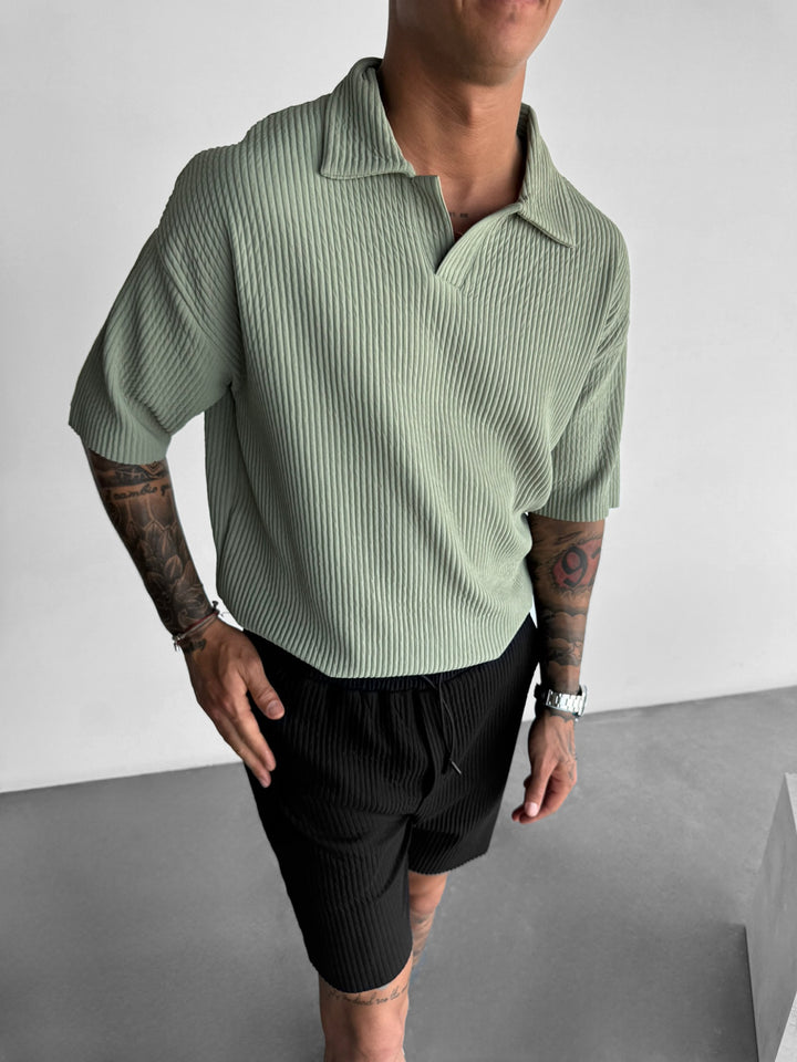 Oversize Ribbed Polo T-Shirt - Green