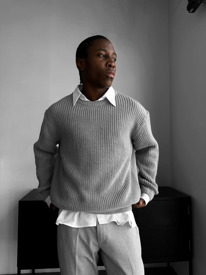 Oversize Structured Knit Sweater - Grey
