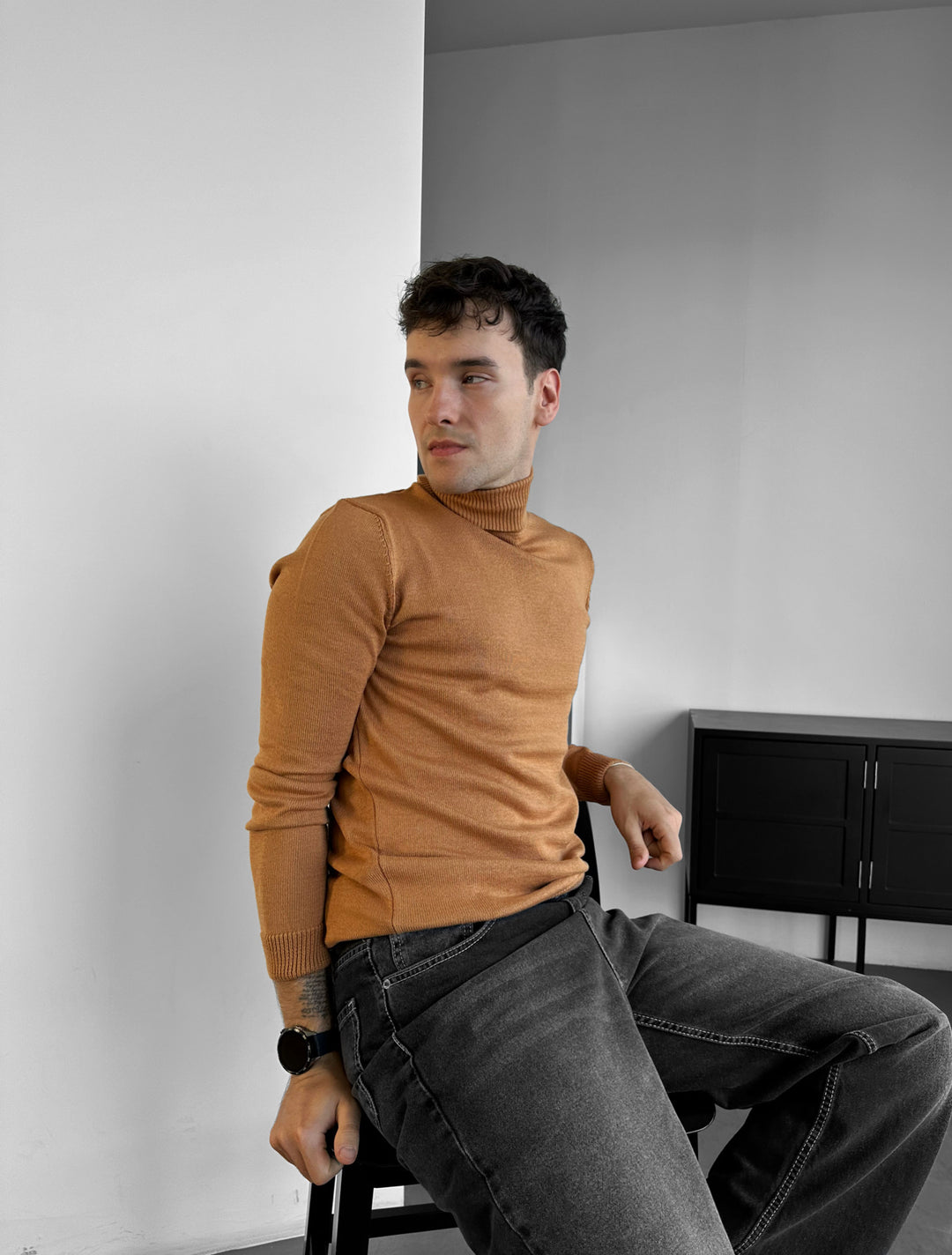 Slim Fit Long Neck Pullover -Camel