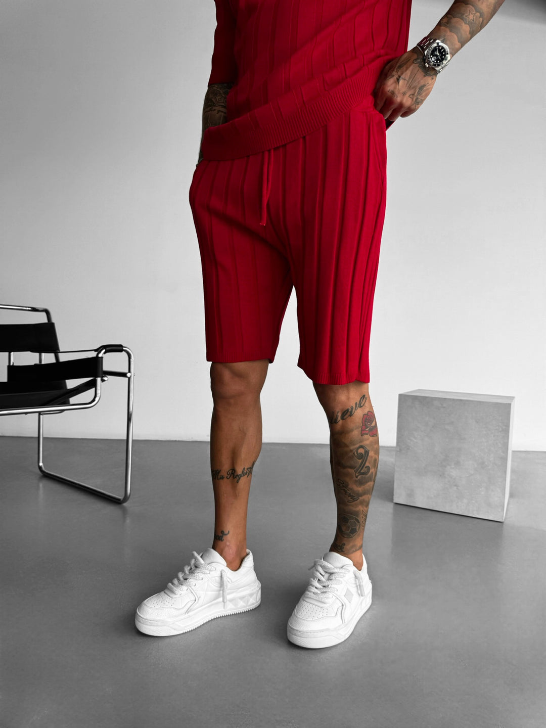 Loose Fit Wide Ribbed Shorts - Blood Red