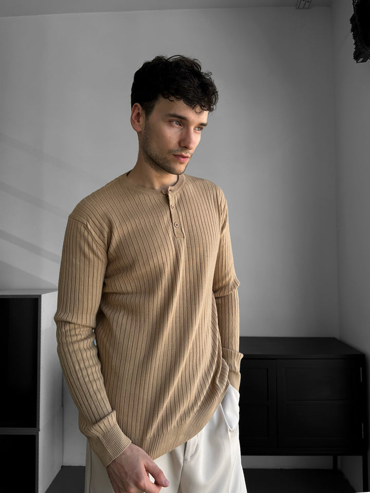 Slim Fit Button Knit Sweater - Beige