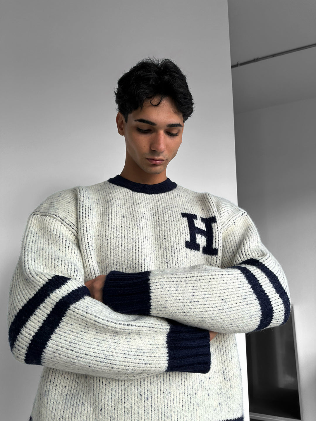 Oversize Knit Letter Sweater - Navy Blue