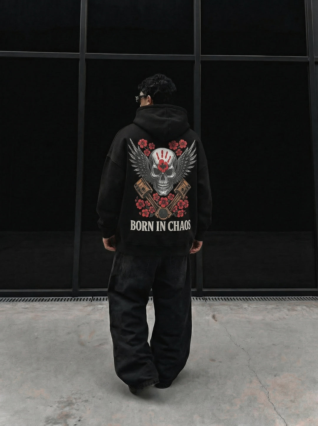 Oversize Skeleton Born in Chaos Hoodie - Black