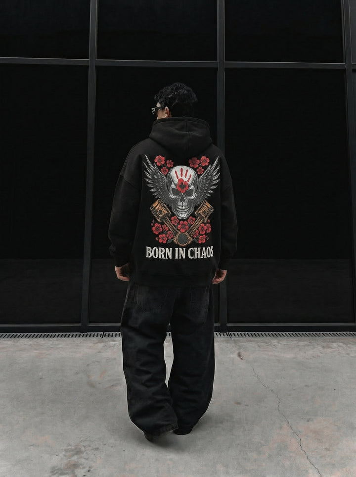Oversize Skeleton Born in Chaos Hoodie - Black