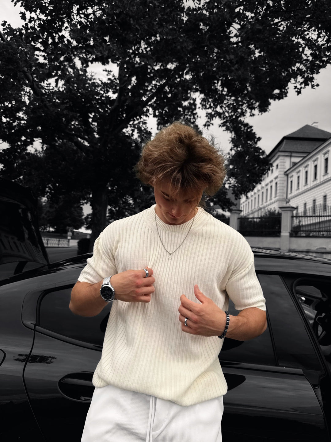 Loose Fit Ribbed Knit T-Shirt - Cremé