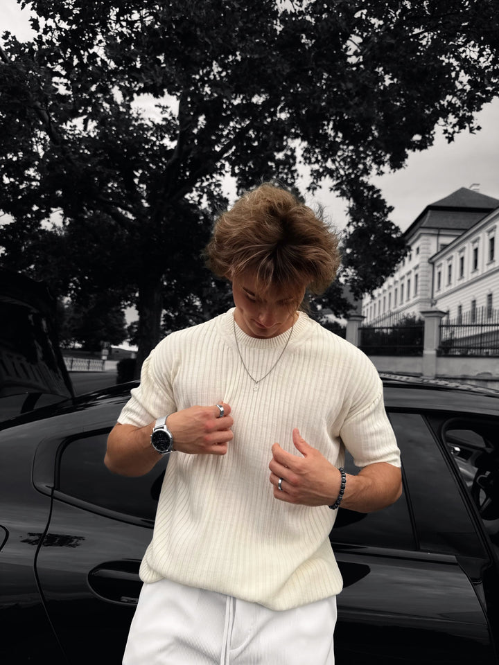 Loose Fit Ribbed Knit T-Shirt - Cremé