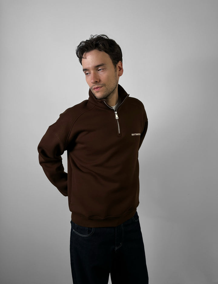 Oversize Half-Zip Motto Sweatshirt - Brown