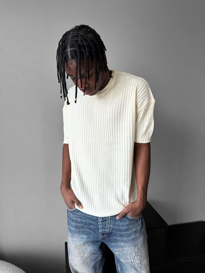 Loose Fit Ribbed Knit T-Shirt - Cremé