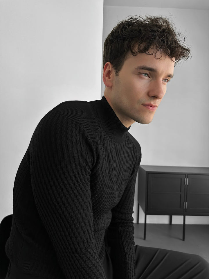Slim Fit Mock Neck Knit Sweater - Black