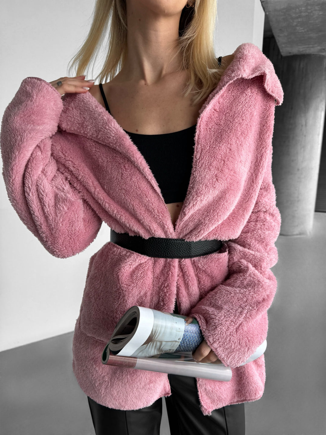 Long Plush Cardigan - Pink