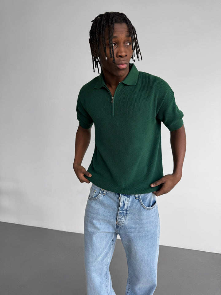 Oversize Zipper Knit Polo T-shirt - Emerald