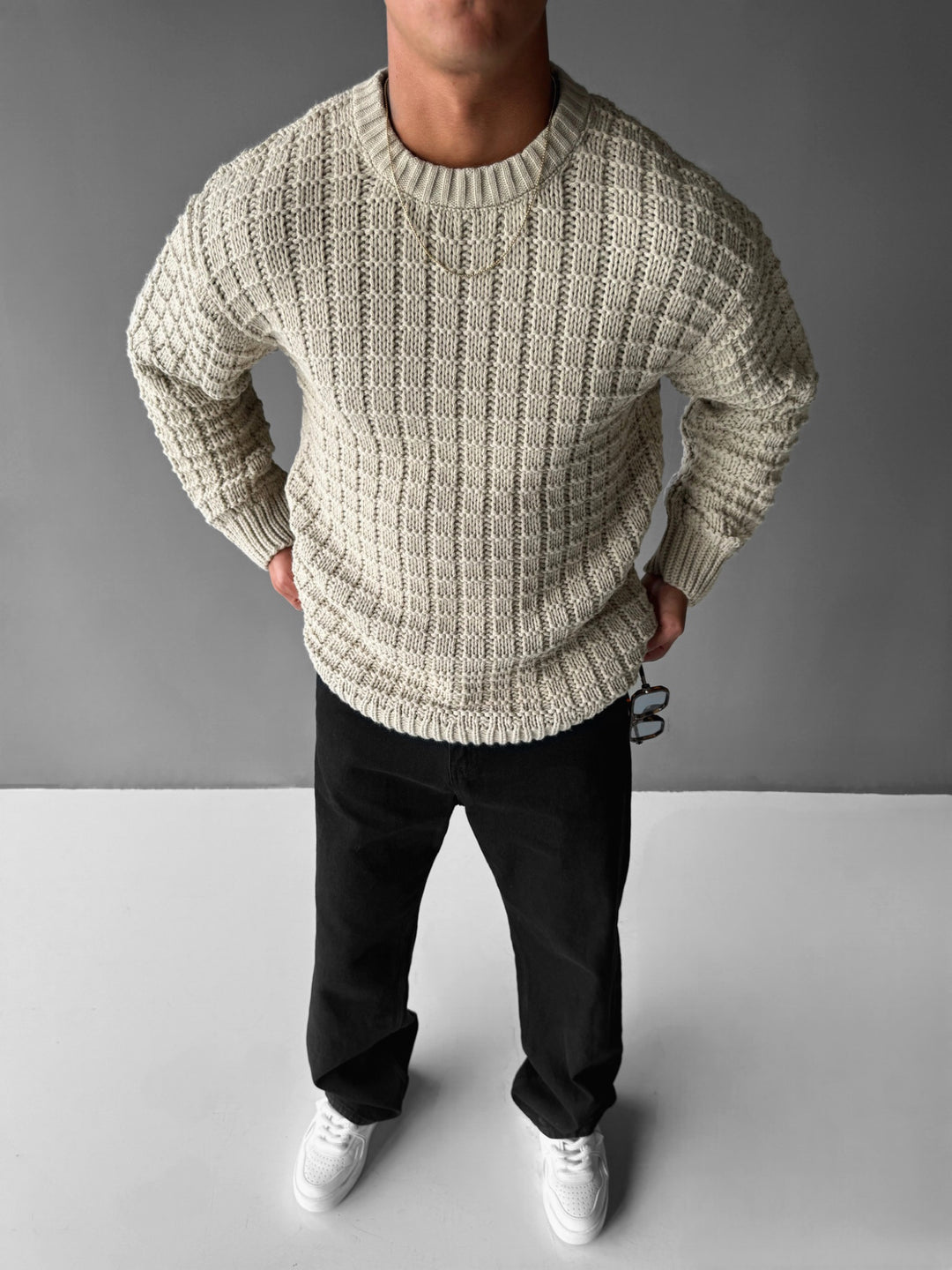 Oversize Grid Knit Sweater - Stone