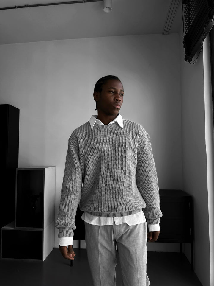 Oversize Structured Knit Sweater - Grey