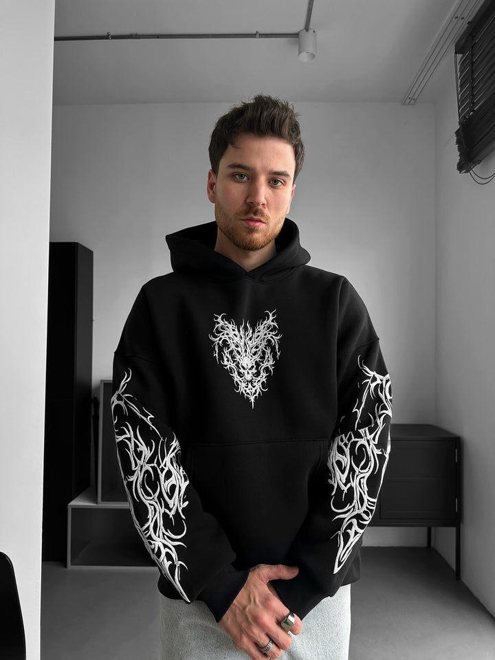Oversize Tribal Skull Hoodie - Black
