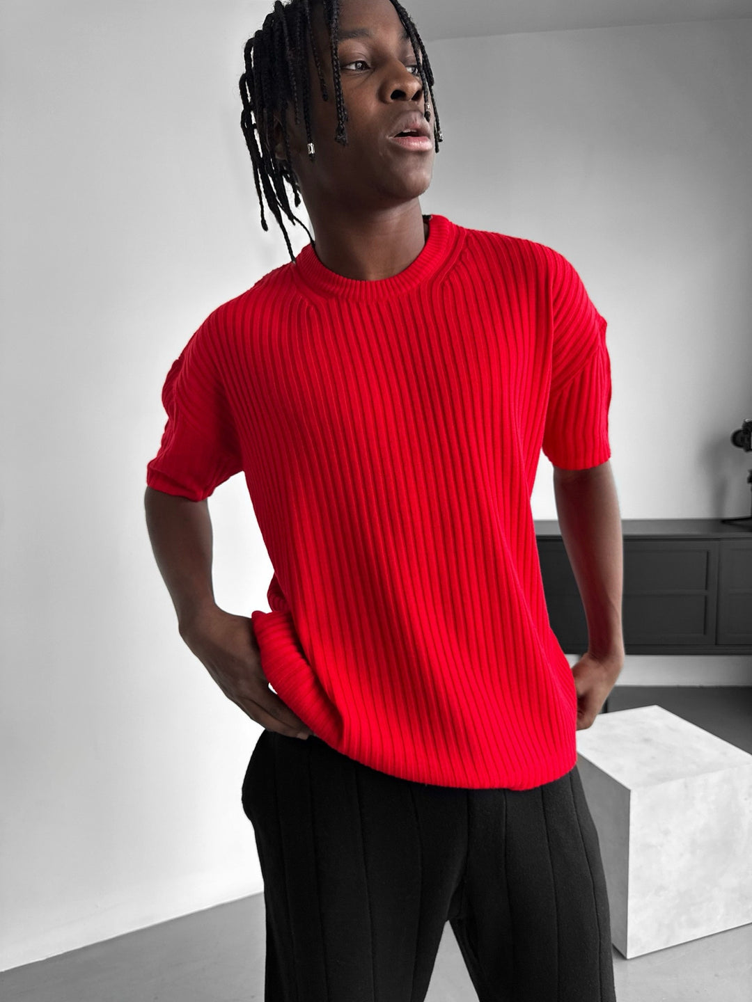 Loose Fit Ribbed Knit T-Shirt - Red