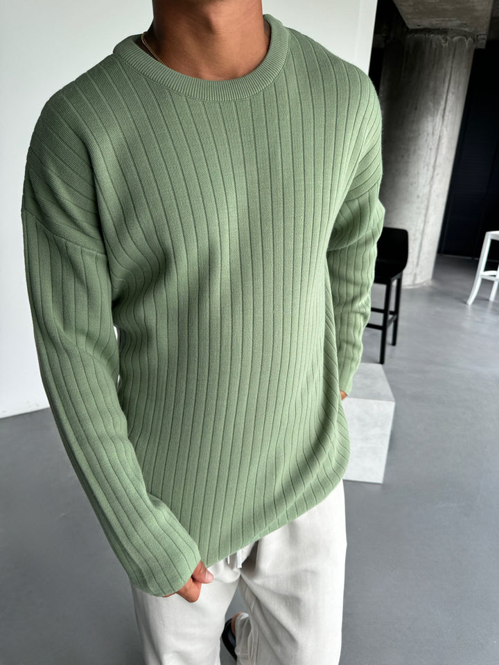 Oversize Wide Ribbed Long Arm Knit Sweatshirt - Grass