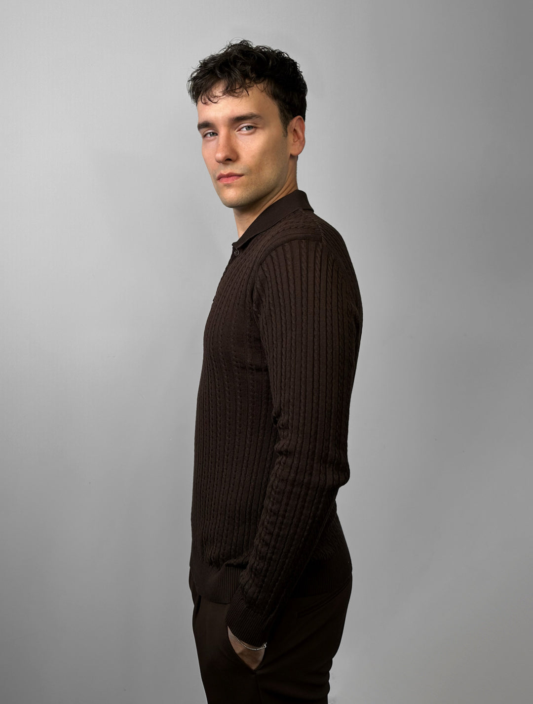 Slim Fit Textured Polo Knit Sweater - Dark Brown