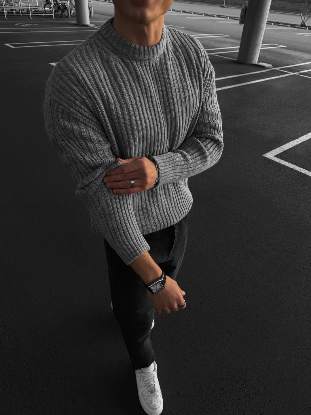 Loose Fit Striped Structure Pullover - Grey