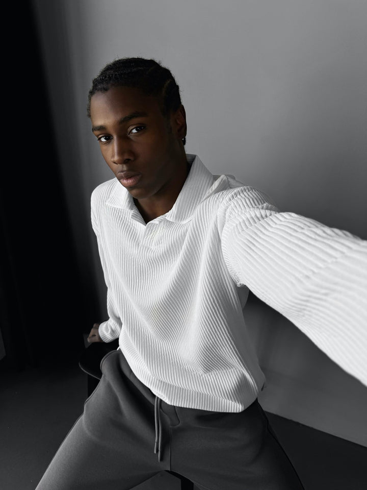 Oversize Ribbed Long Arm Polo T-shirt - White