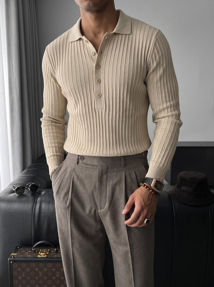 Slim Fit Polo Knit Sweater - Beige
