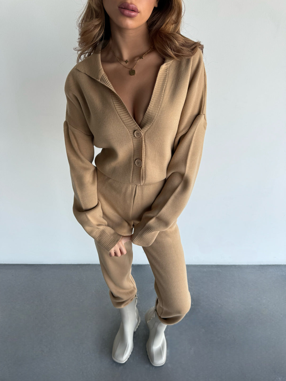 Long Arm Knit Jumpsuit - Camel