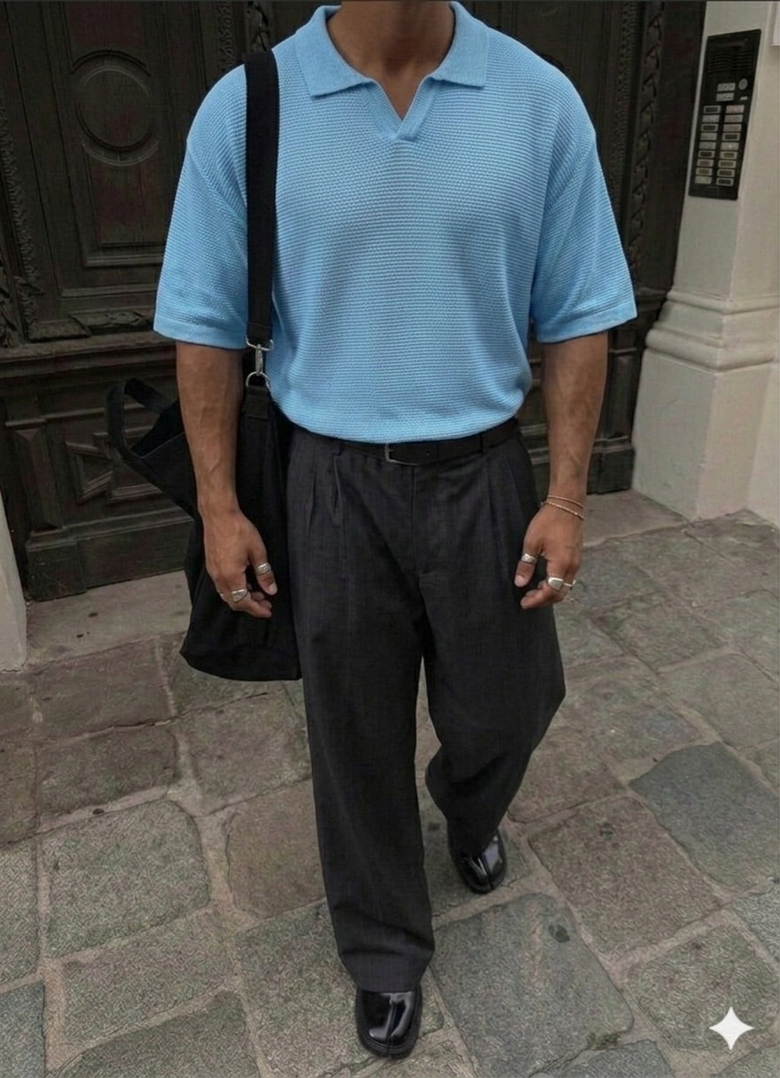 Oversize Collar Ribbed Knit T-Shirt - Babyblue