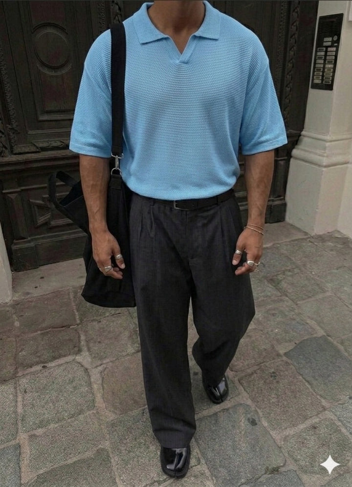 Oversize Collar Ribbed Knit T-Shirt - Babyblue