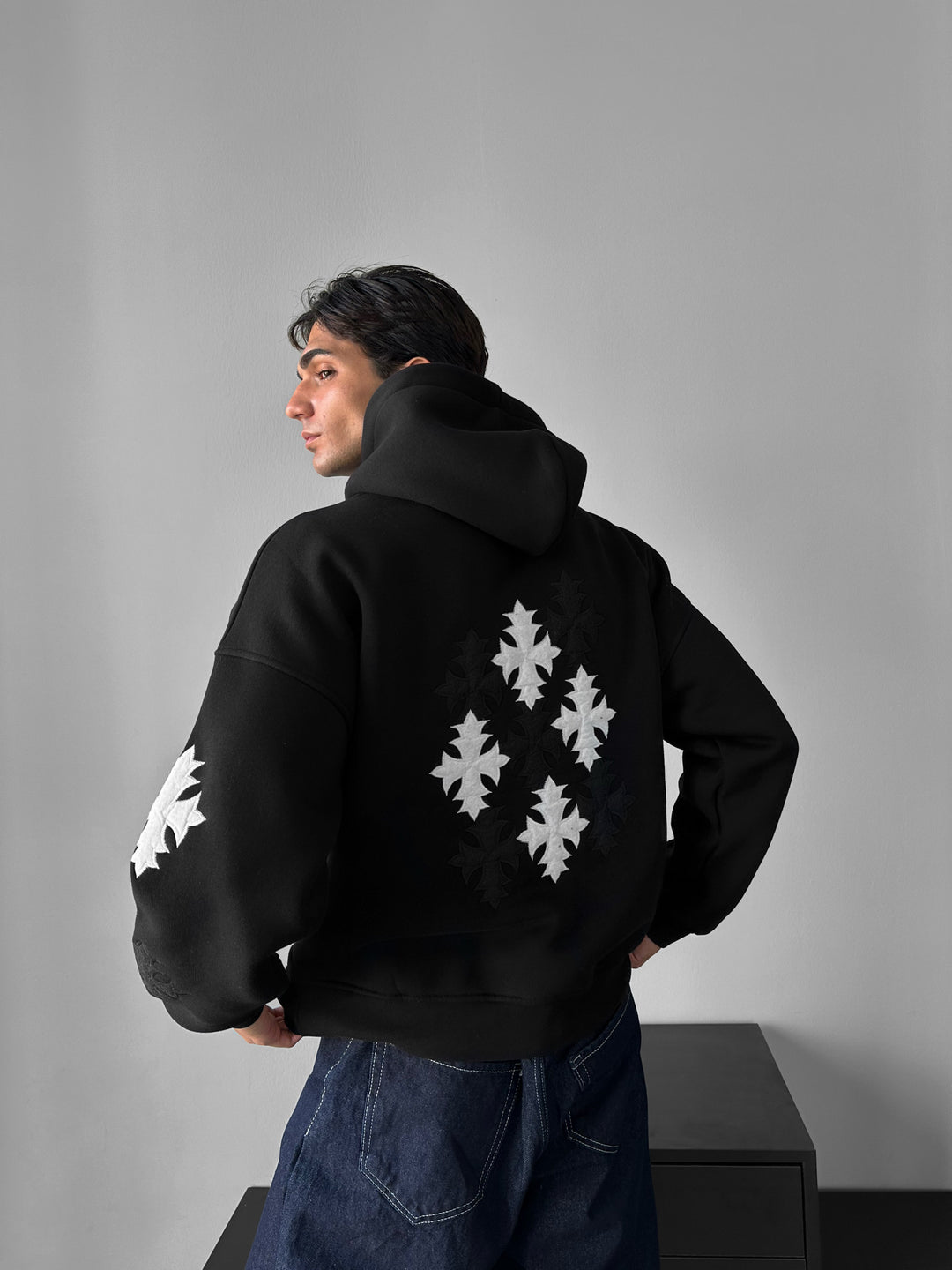 Oversize Gothic Cross Hoodie - Black