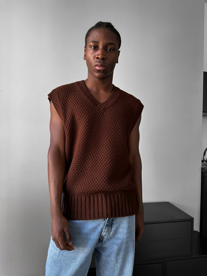 Loose Fit Knotted V Neck Pullunder - Dark Brown