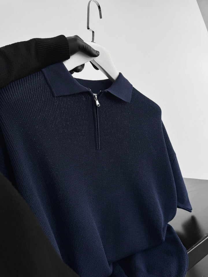 Oversize Zipper Knit Polo T-shirt - Navy Blue