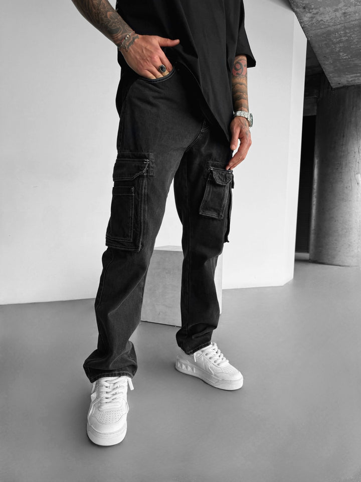 Baggy Cargo Jeans with Pockets - Black