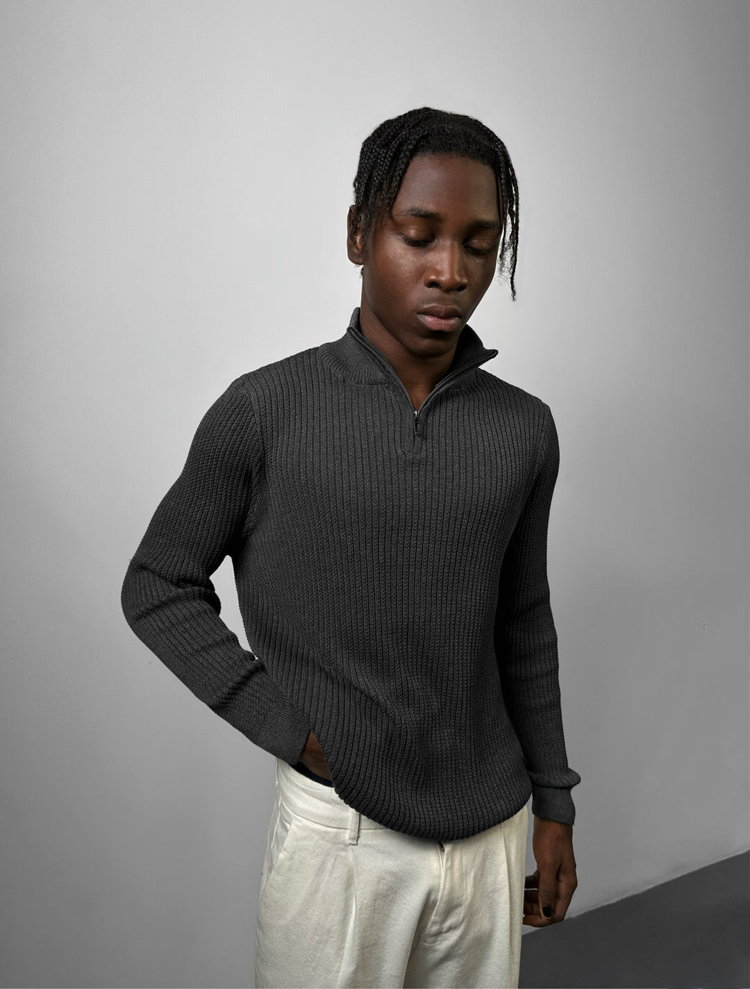 Slim Fit Half Zip Textured Sweater - Anthracite