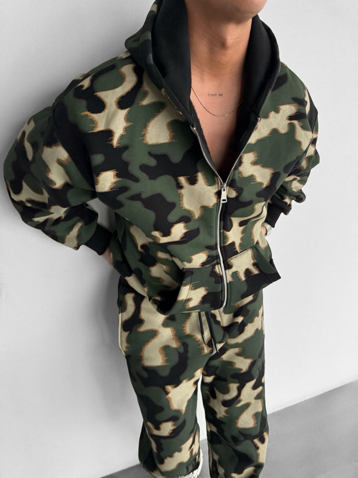 Oversize Camouflage Zipper Hoodie - Khaki