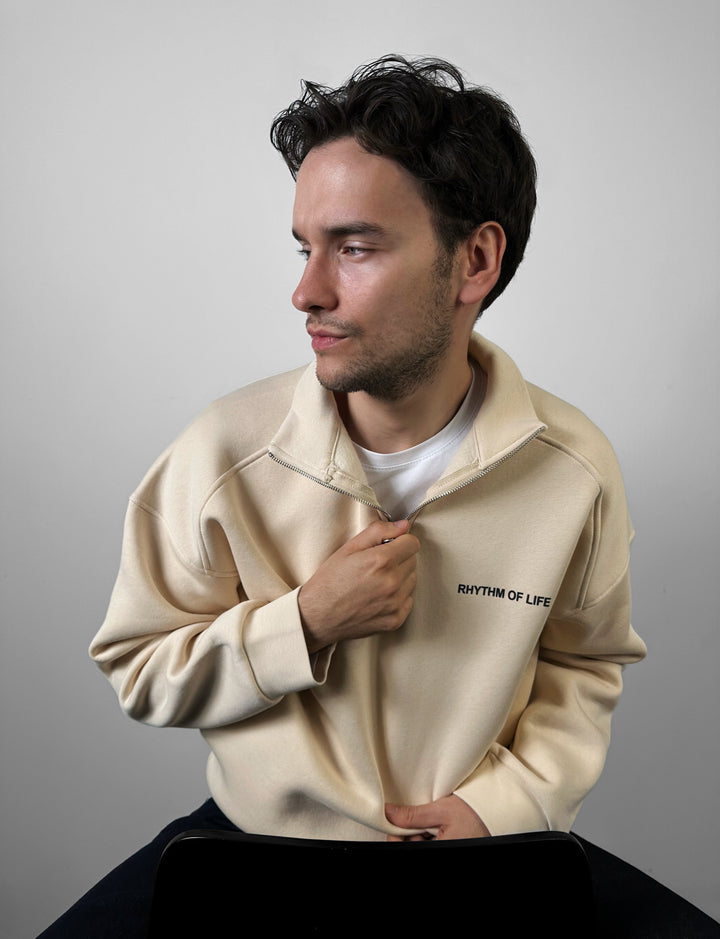 Oversize Half-Zip Motto Sweatshirt - Beige