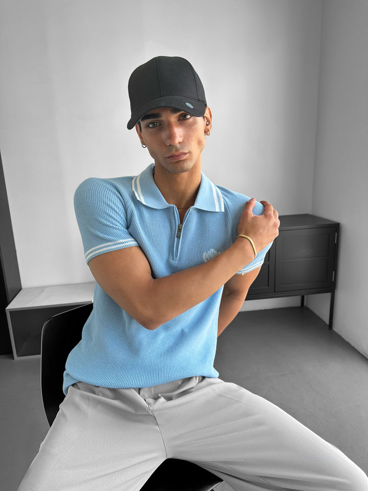 Slim Fit Half-Zip Embroidered Polo T-shirt - Babyblue