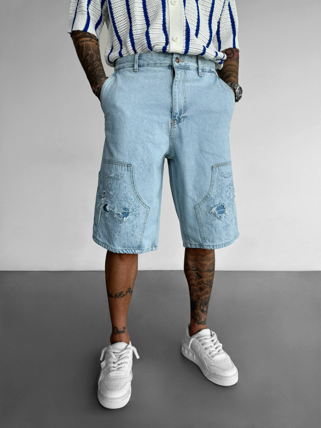 Loose Fit Detail Torn Jeans Shorts - Light Blue