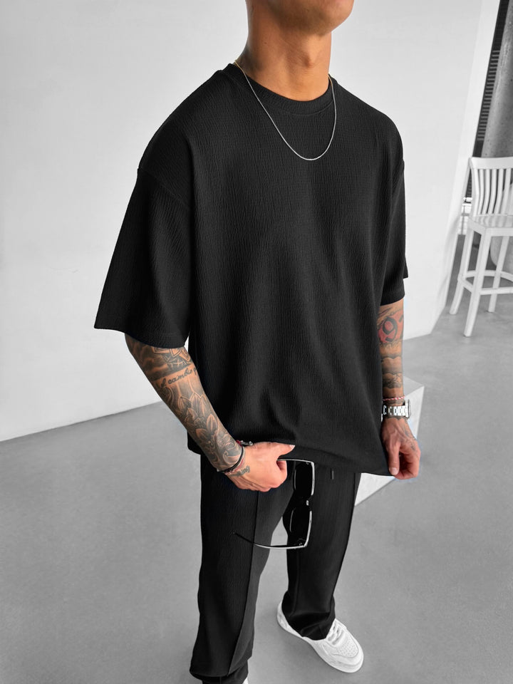 Oversize Plissee Textured T-Shirt - Black