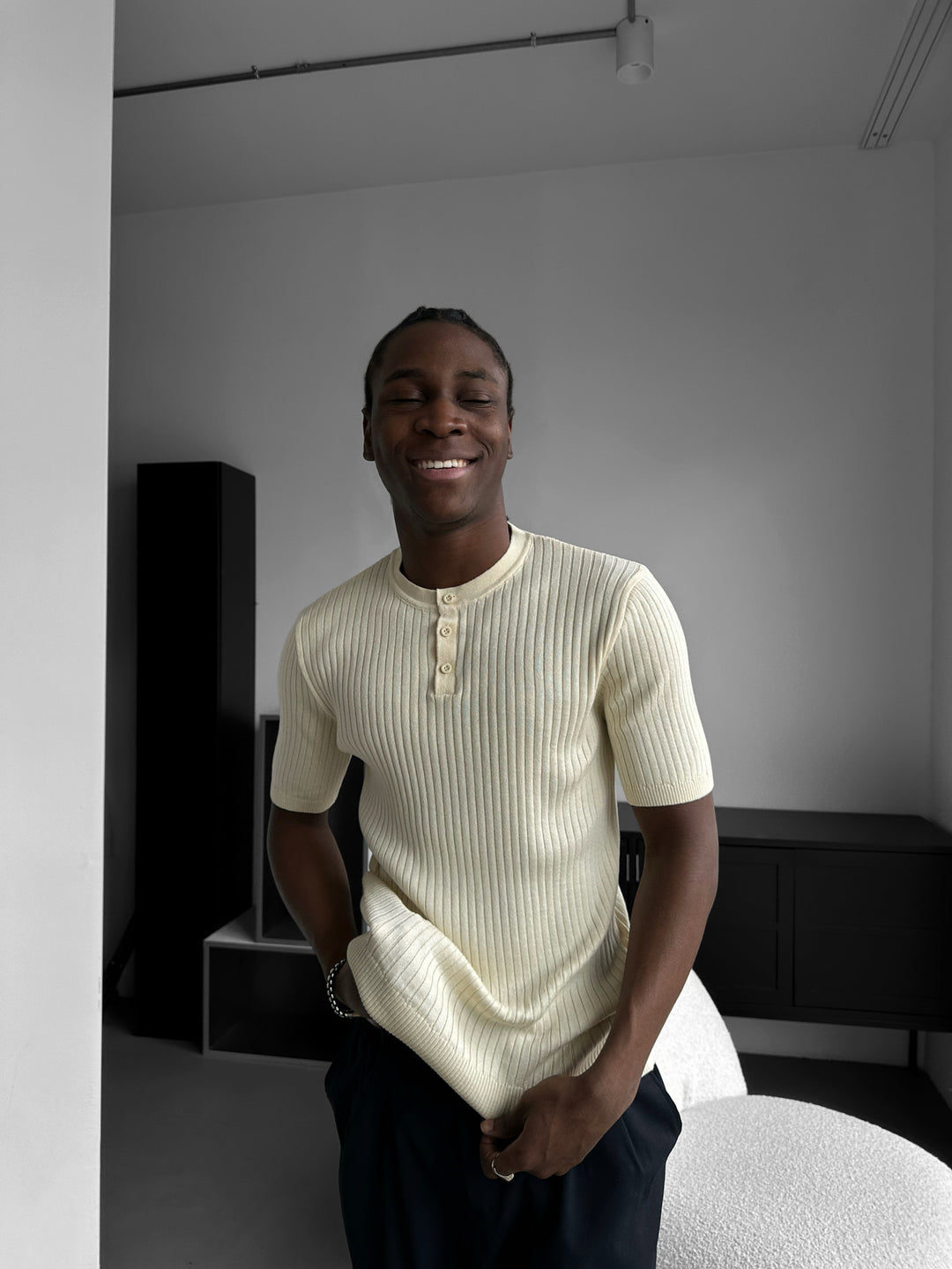 Slim Fit Button Knit T-shirt - Cream