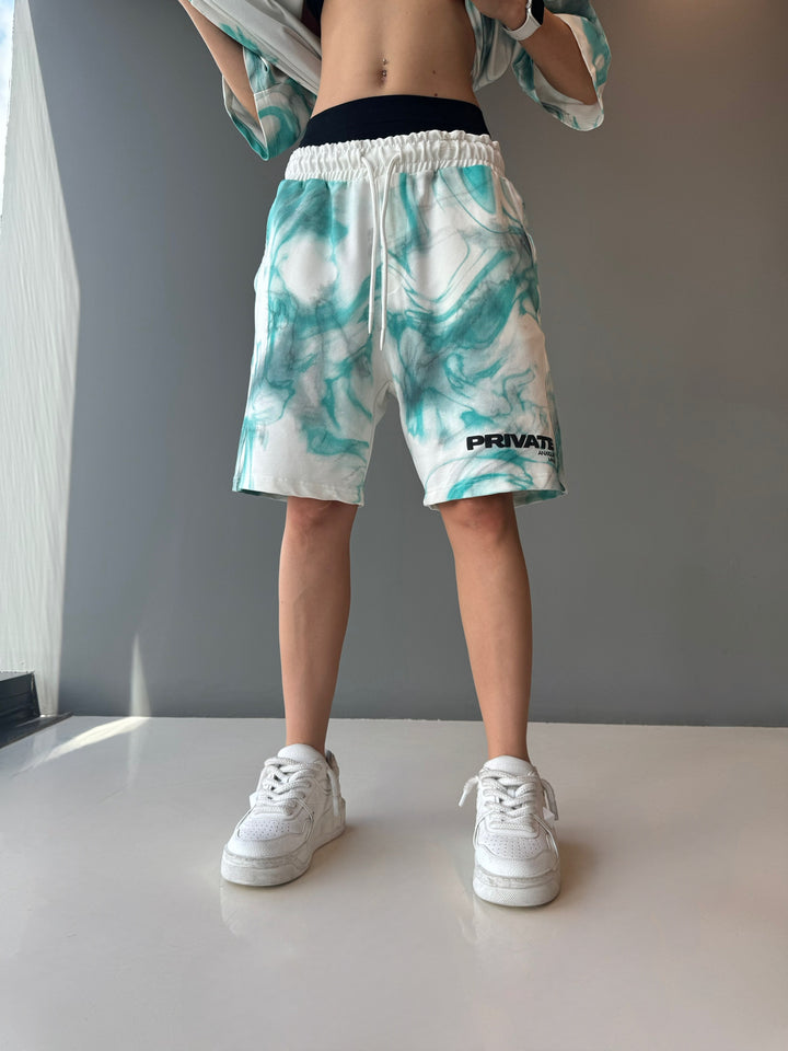 Oversize Private Smoke Shorts - White and Turquoises