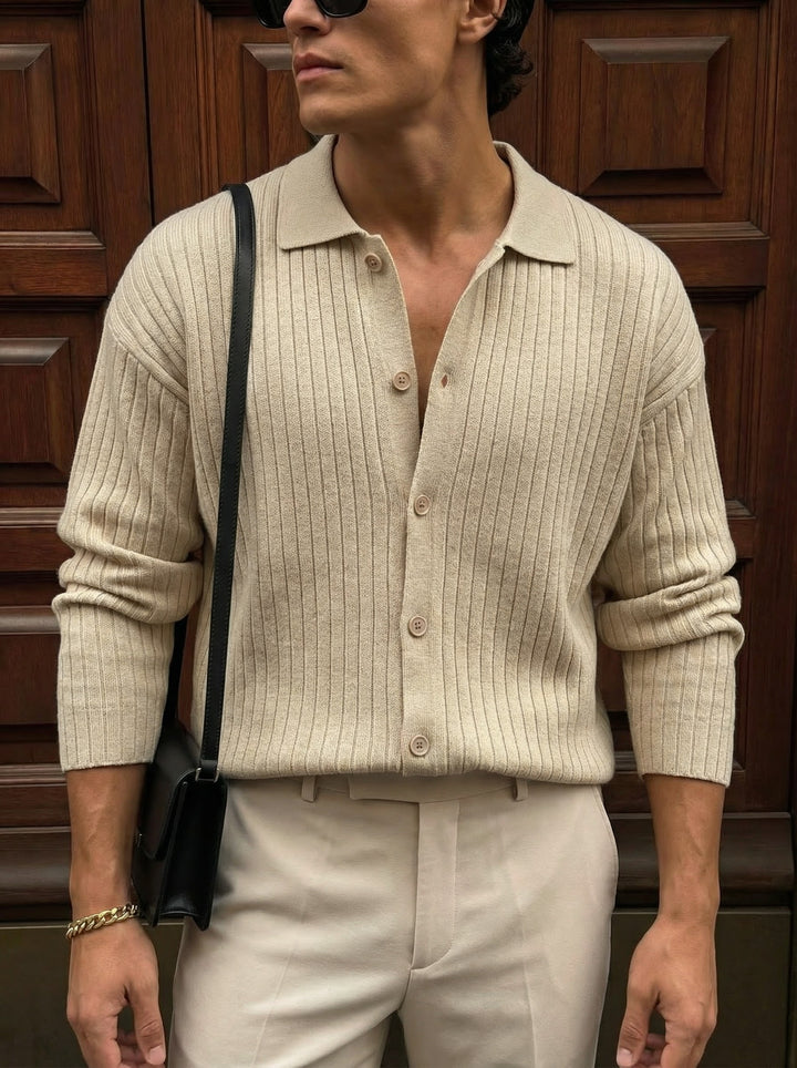 Oversize Wide Ribbed Long Arm Knit Shirt - Stone