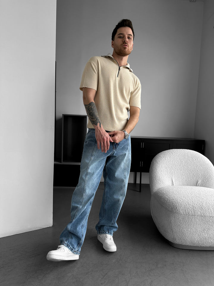 Oversize Zip Neck Knit T-shirt - Beige