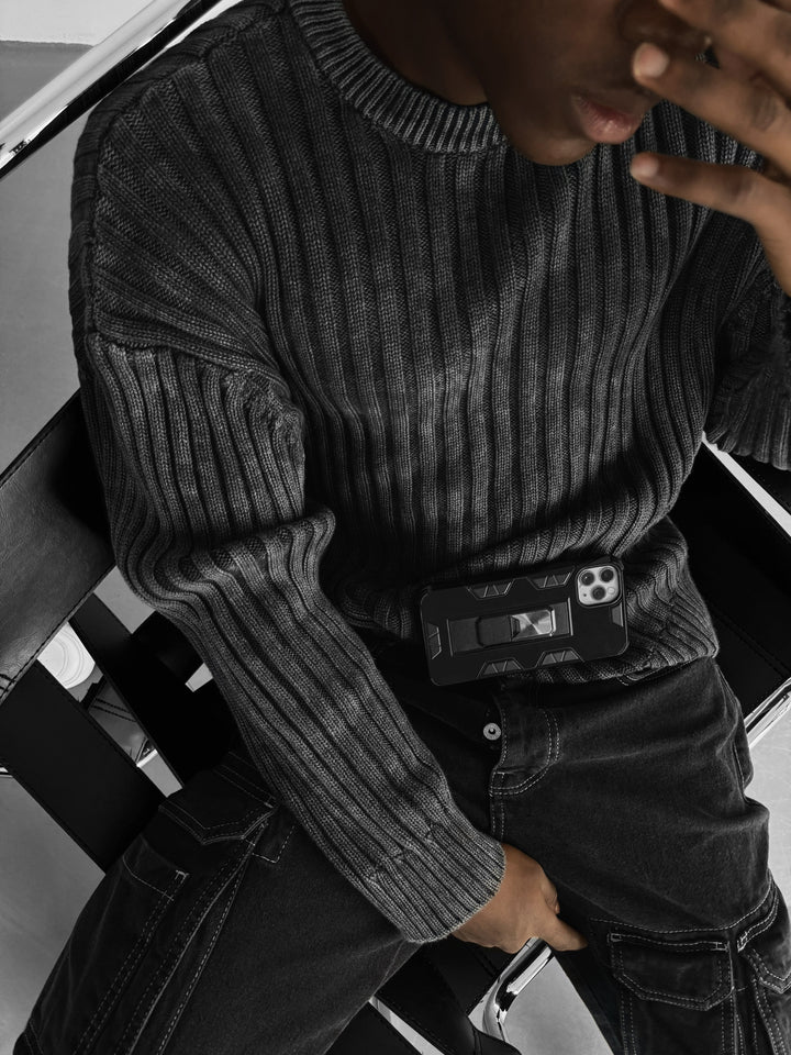 Oversize Ribbed Washed Sweater - Black