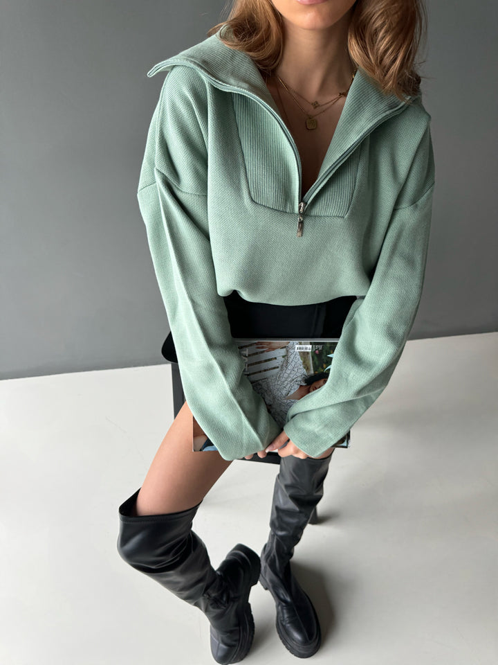 Knit Sweater with Zip - Mint