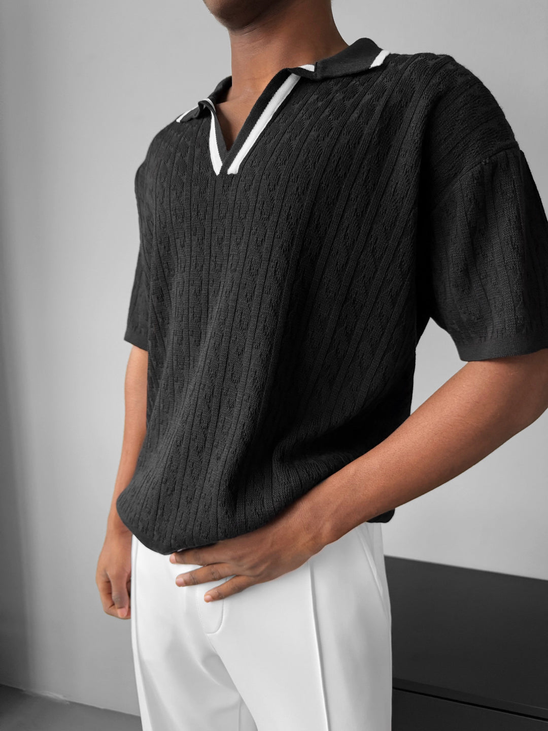 Oversize Structured Polo T-Shirt - Black