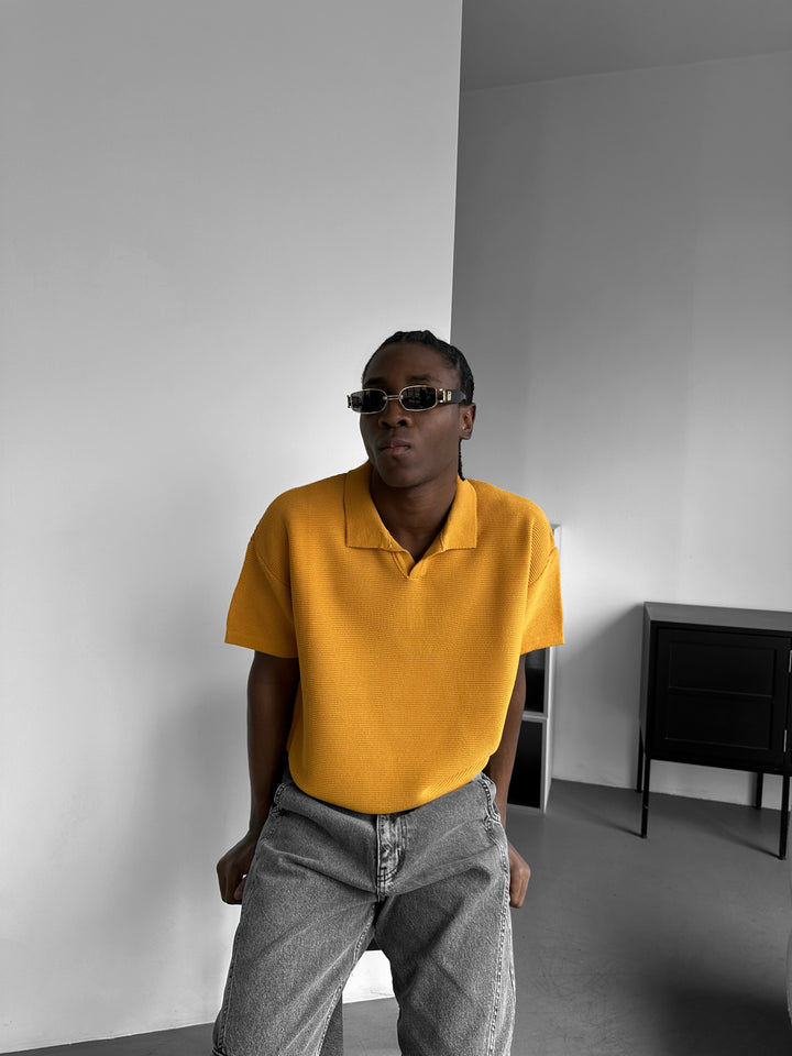 Oversize Collar Ribbed Knit T-Shirt - Saffron