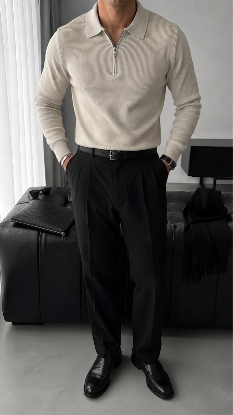 Loose Fit Polo Knit Sweater - Beige