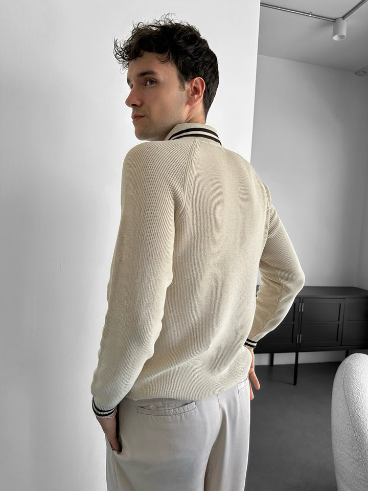 Slim Fit Half-Zip Embroidered Polo Sweater - Beige