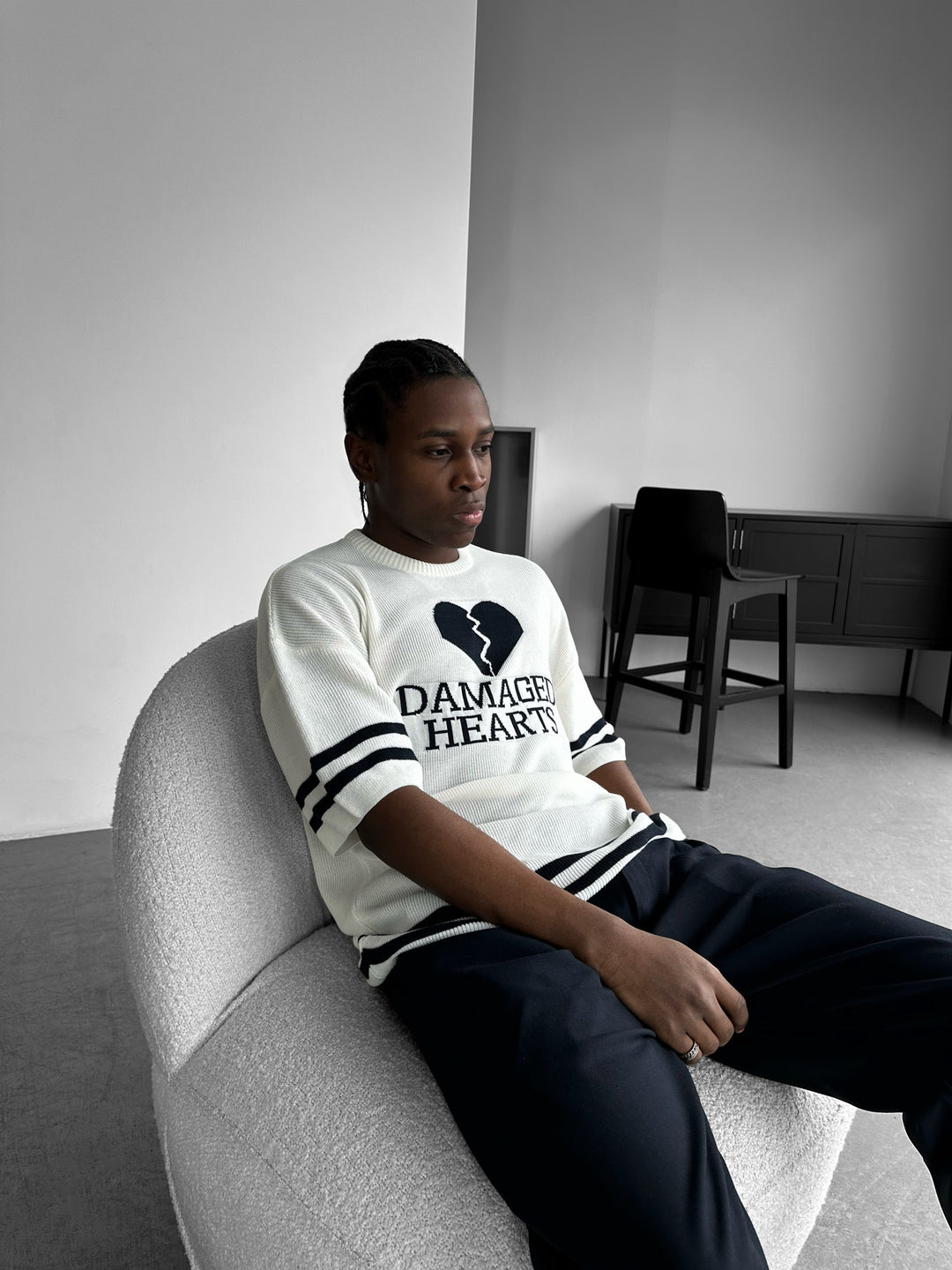 Regular Fit Damaged Hearts Knit T-shirt - Ecru