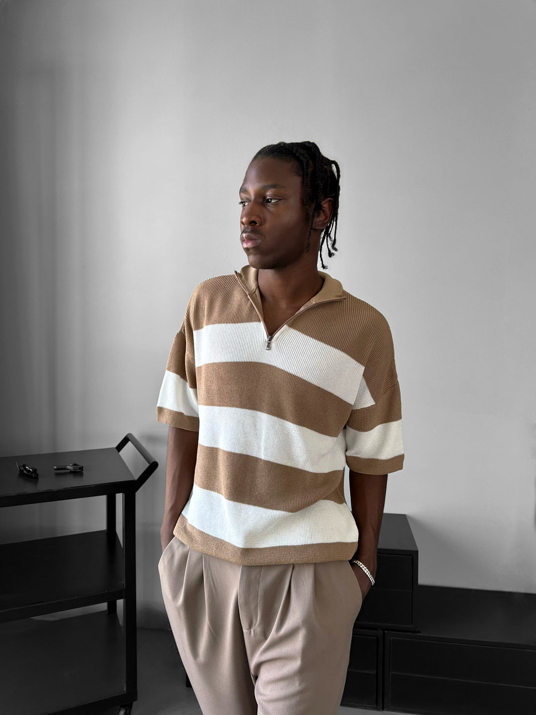 Regular Striped Knit T-shirt - Camel